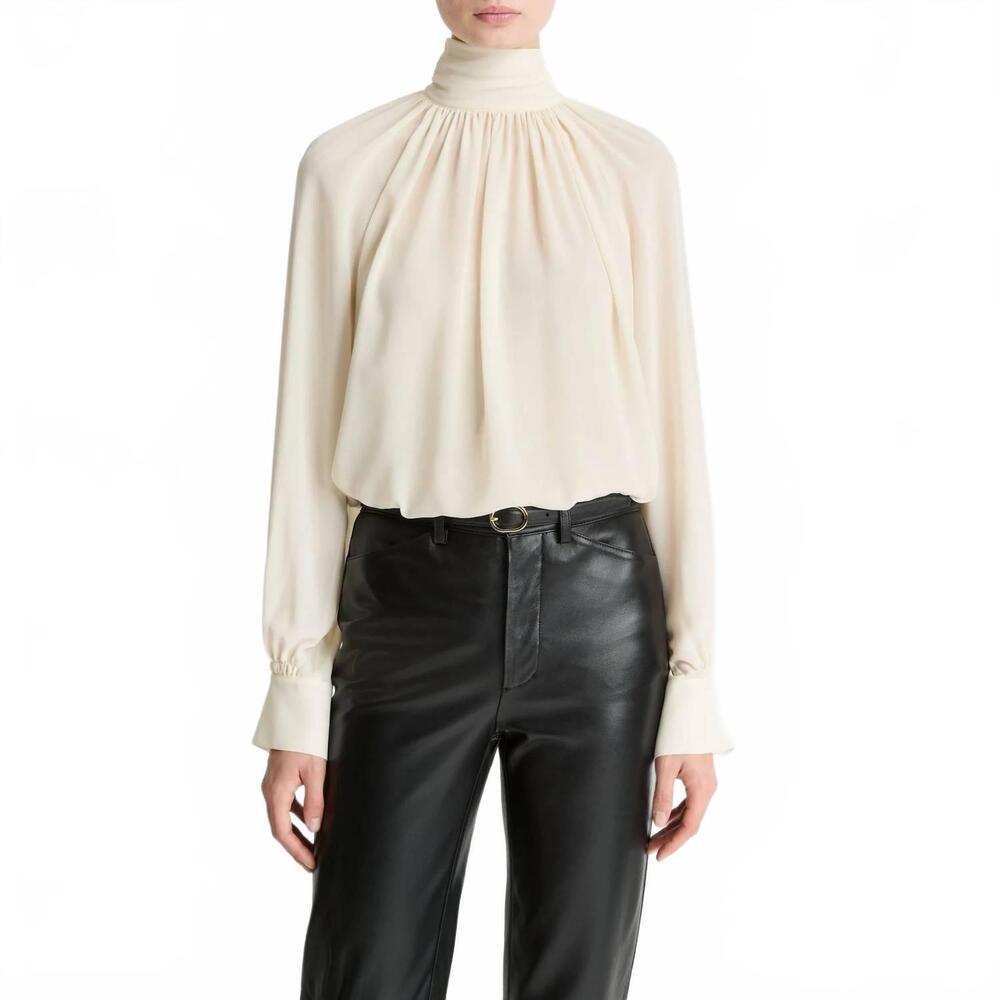 NEW VINCE gathered draped-neck crepe blouse in cream